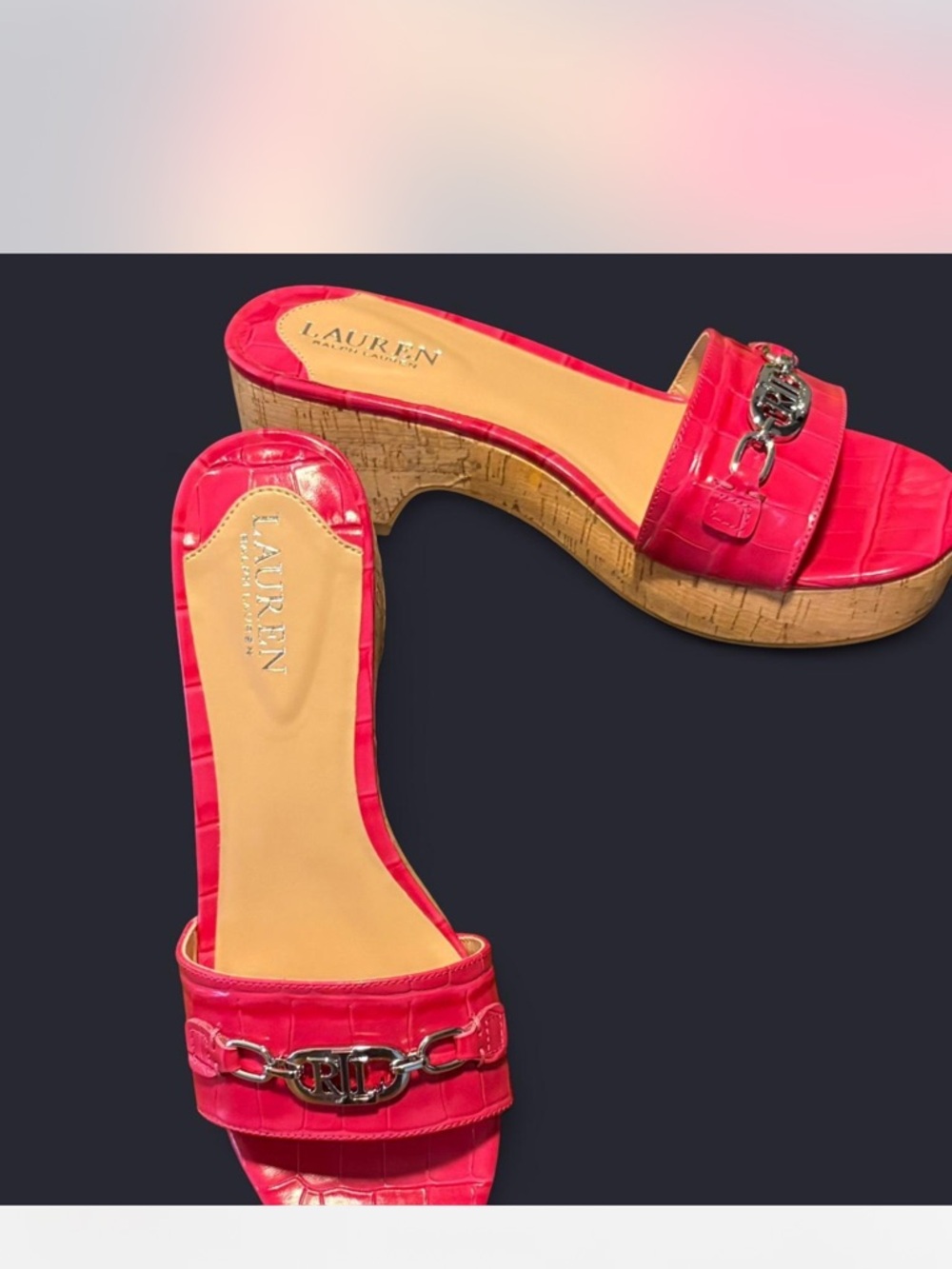 Ralph Lauren Roxanne Hot Pink Croc-Embossed Cork Wedge Slide Sandals